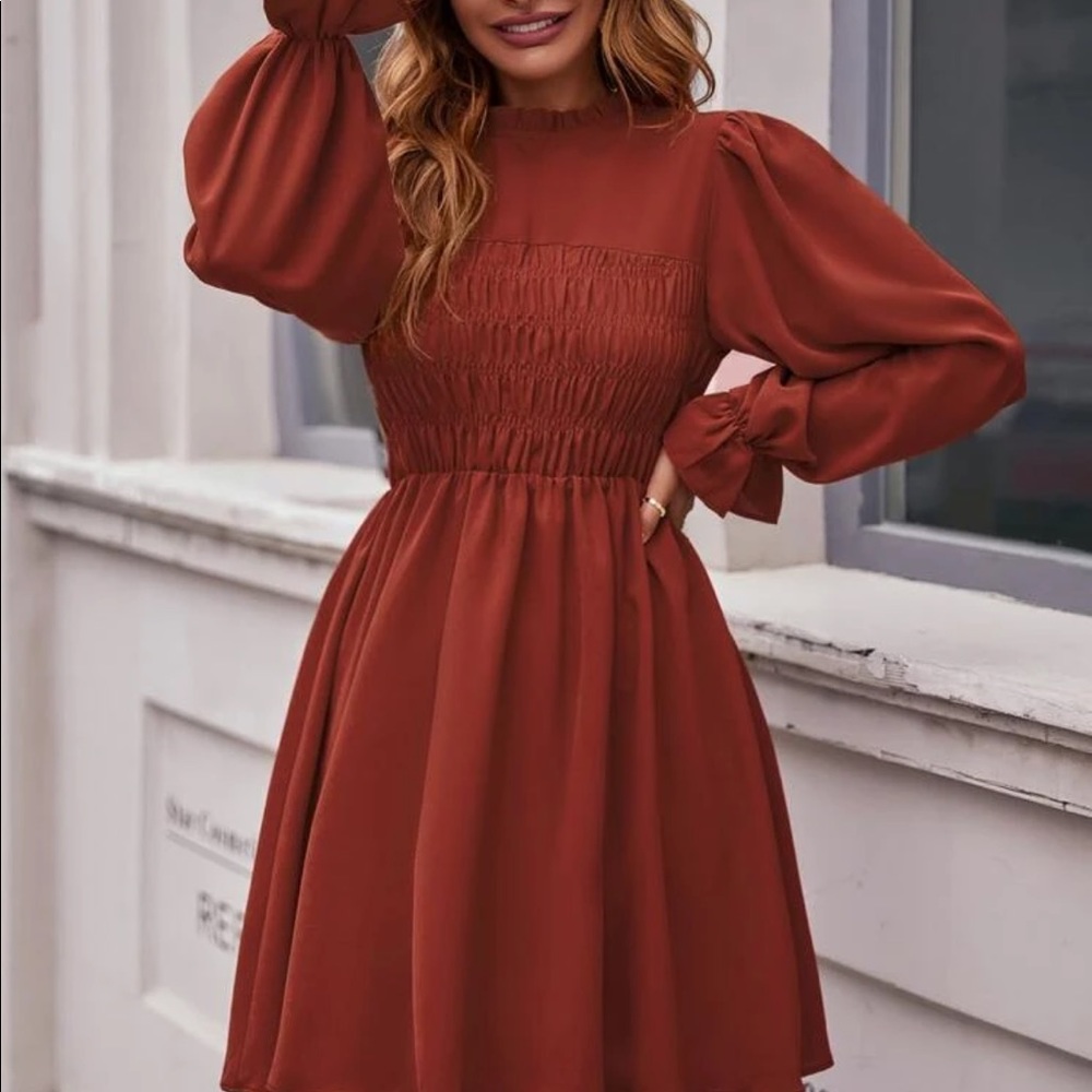 Ruffle Neck Shirred Front Flounce Sleeve A-Line Dress - Picture 2 of 5